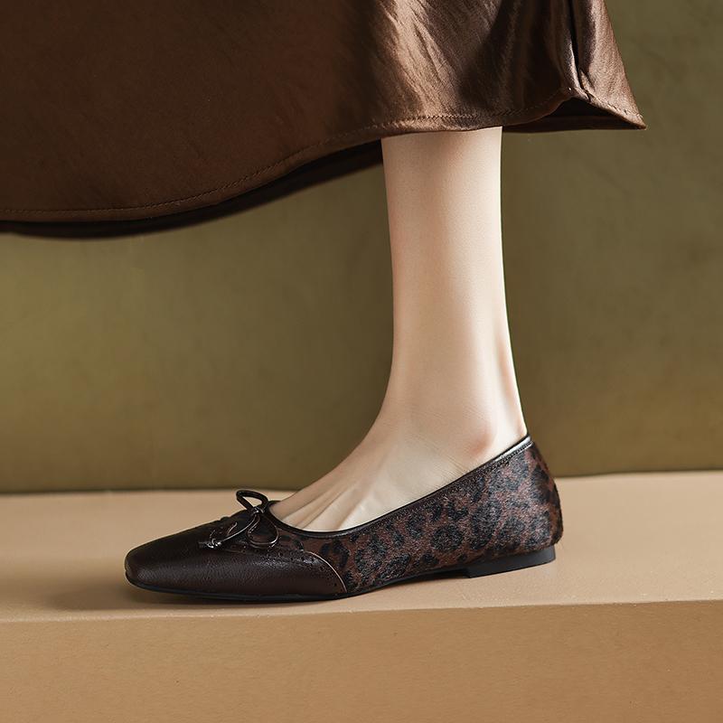 Fashion 2025 New Spring/summer Mary Jane Shoes Genuine Leather Shoes for Women Fashion Leopard Print Square Toe Women Flats Shoes