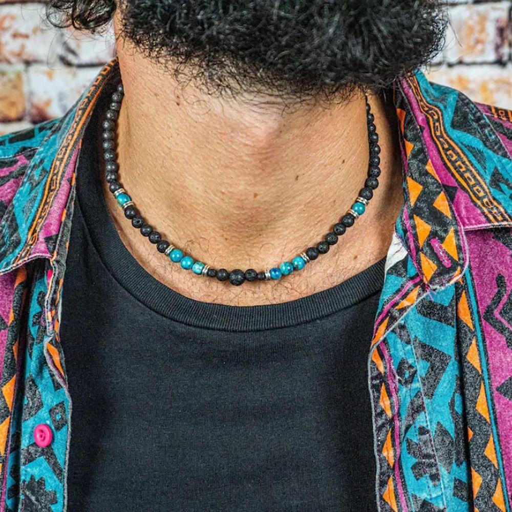 Texture Turquoise Necklace Men Black Beads Western Country Necklace Fashion Beaded Necklace  Men