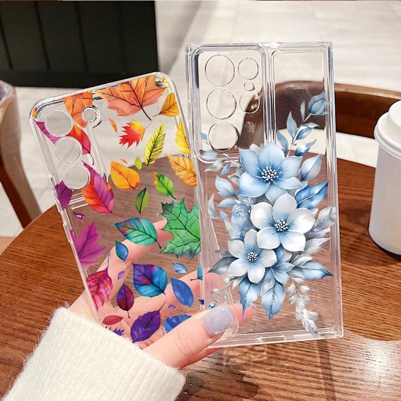 Flowers Leaves Print Case For Samsung S26 Ultra S25 FE S24 S23 S22 Plus S21 A15 A25 A35 A55 A16 A26 A36 A56 A17 A37 A57 5G Clear TPU Soft Cover