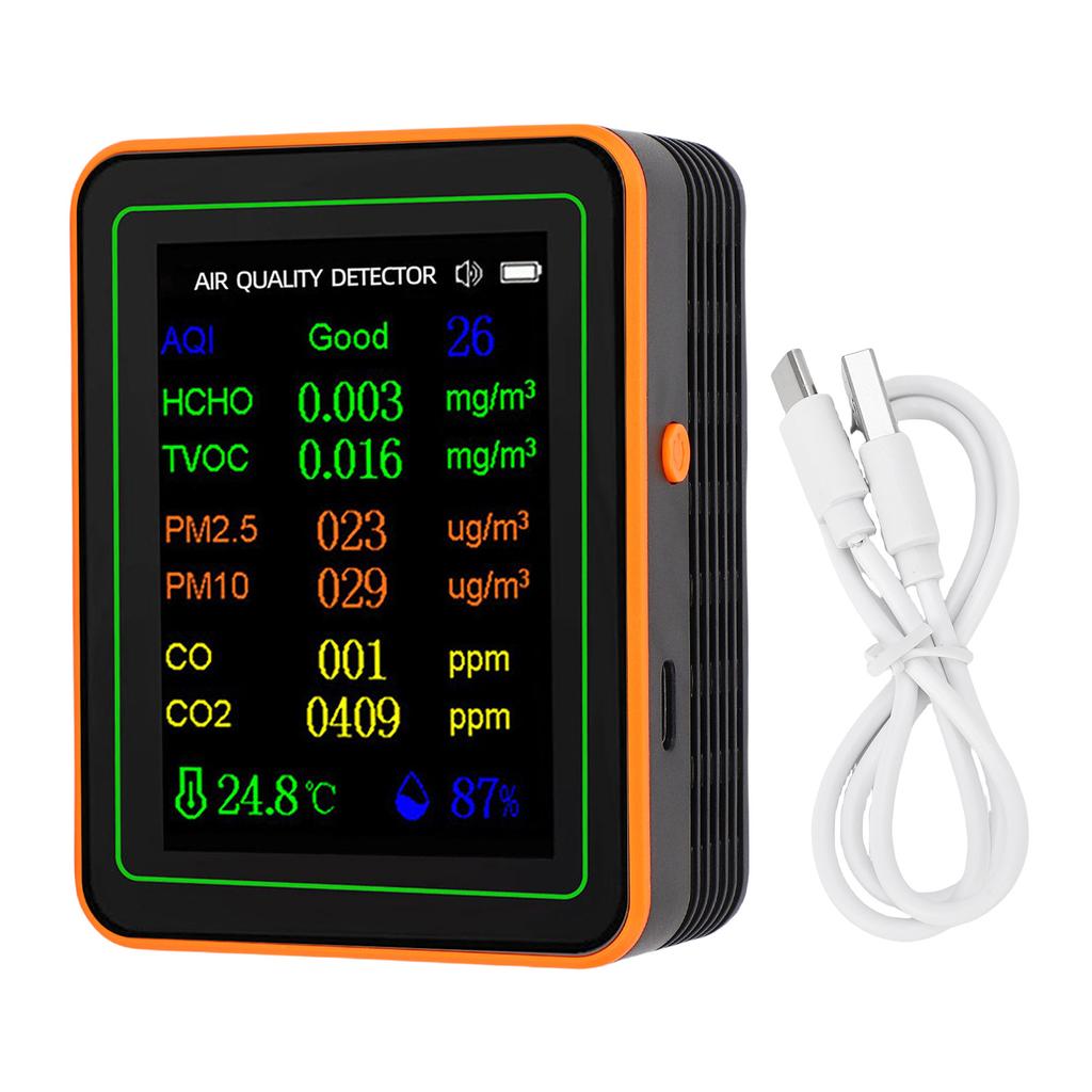 Air Quality Detector Index CO2 TVOC HCHO PM2.5 PM10 Temperature Humidity Tester TFT Color Display Curve Viewing Black