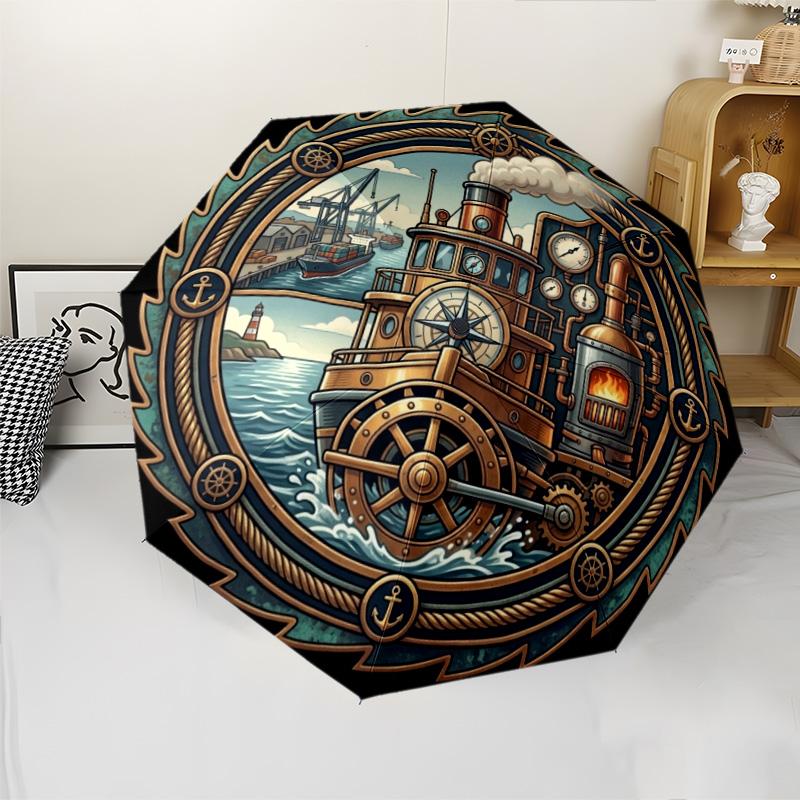 Steamboat Adventure pattern umbrella, portable and foldable design, 8 ribs, a casual accessory for Halloween, Christmas, and birthday gifts.