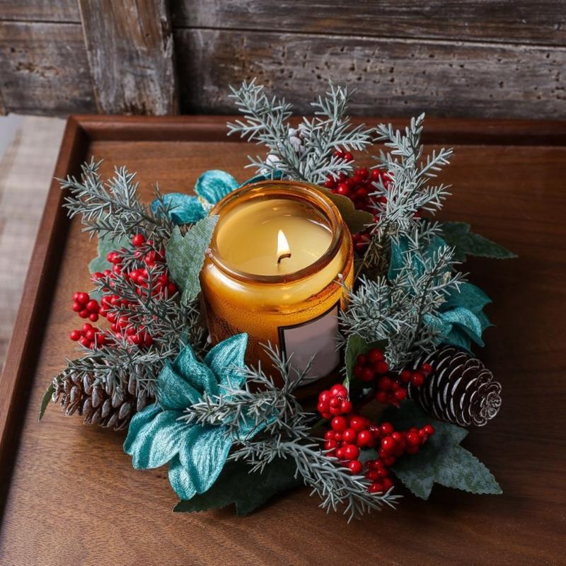 Door Wall Window Christmas Ornament Artificial Pinecone Candlestick Wreaths with Red Berries & Leaf Table Centerpiece