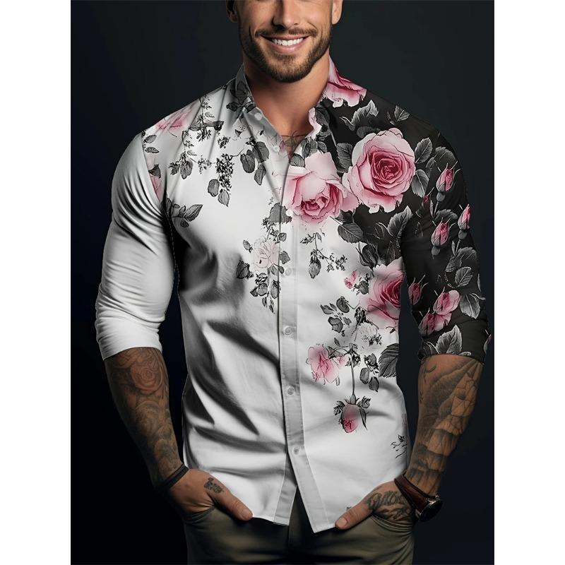Men's Button Down Casual Shirt with Spring and Summer Floral Print Long Sleeved Shirt for Daily Fashion and Comfort