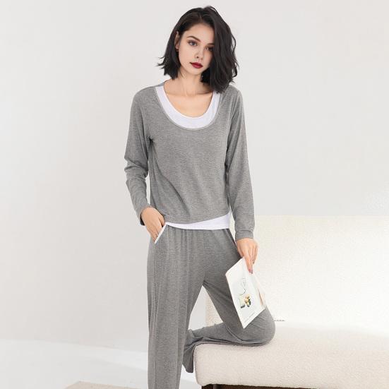 Two Piece Modal Pajamas Set for Women Long Sleeve Top And Pants Sleepwear with Built-in Bra Casual Loungewear Pjs Set