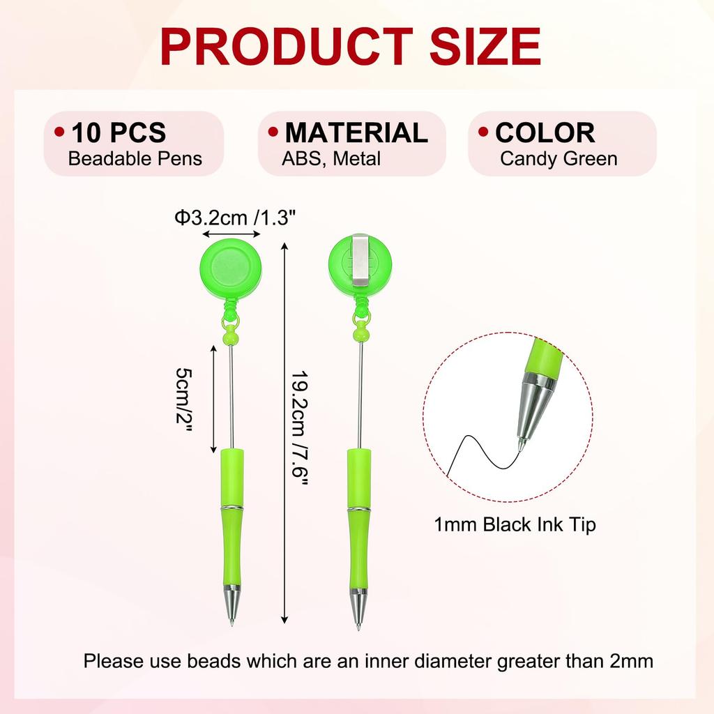 PATIKIL 10pcs Bead Pens Retractable Badge Reel Bead Pens Bulk Bead Ballpoint Pens Black Ink for DIY Making Office Worker Waitress Writing Instrument