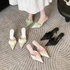 Women's Shoes Spring Pointed Toe Thin Heel High Heel Elegant French StyleSatin Flower Closed Toe Mules