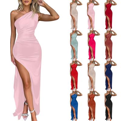 Women's Sexy One Shoulder High Split Cocktail Wedding Party Maxi Dress