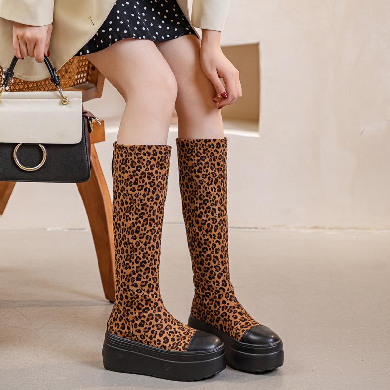 Leopard Print Tall Women's Boots Winter 2025 New Long Boots Rear Zipper Thick Muffin Bottom Elastic Boots Thin Fashion