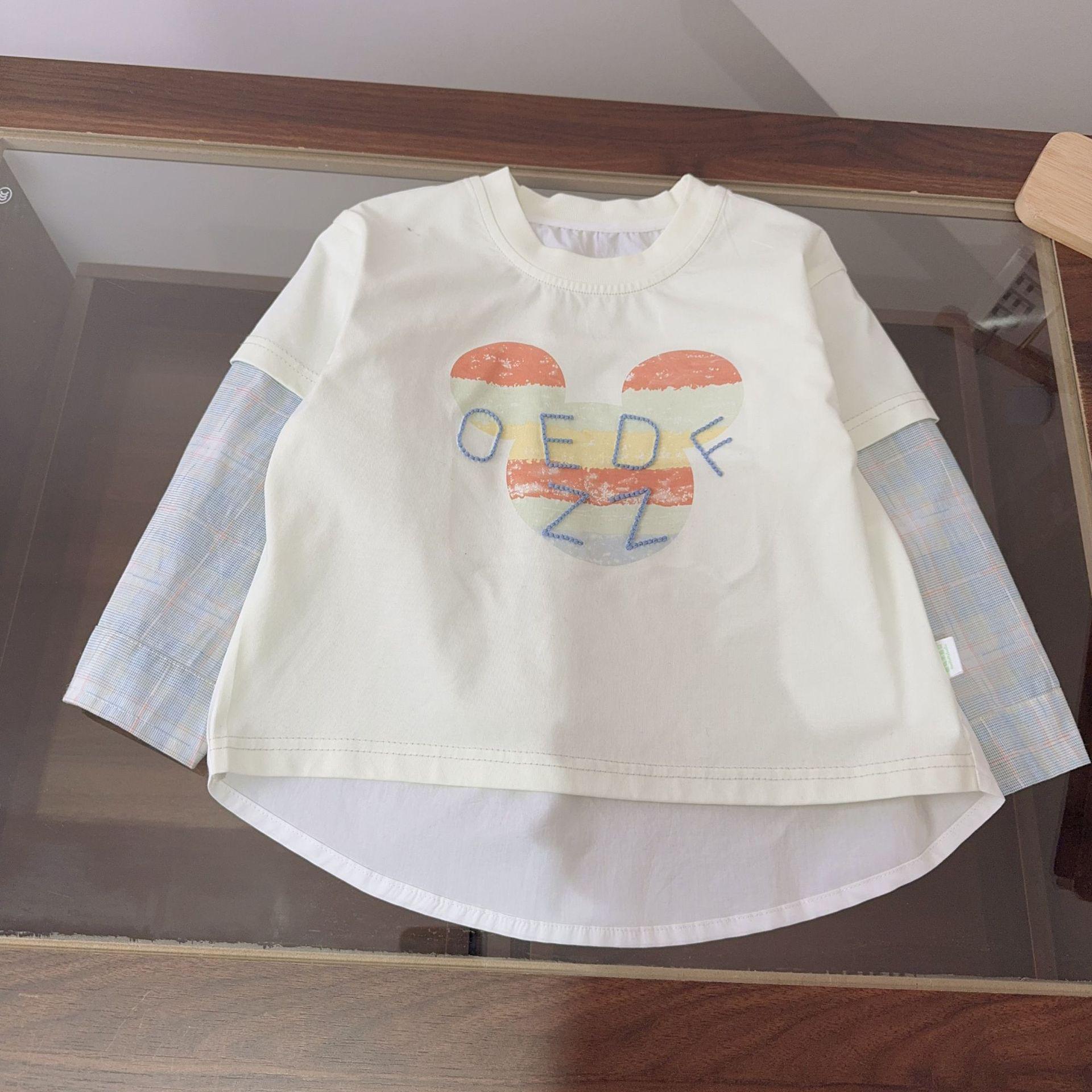 2026 Spring Boys  Cartoon Long-Sleeve Pullover Fake Two-Piece Shirt 100cm грязно-белый