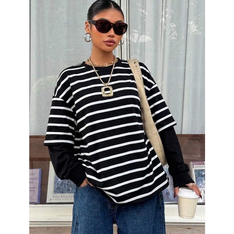 Women Striped Crew Neck Fake Two Piece Loose Long Sleeve Casual Sweatshirt