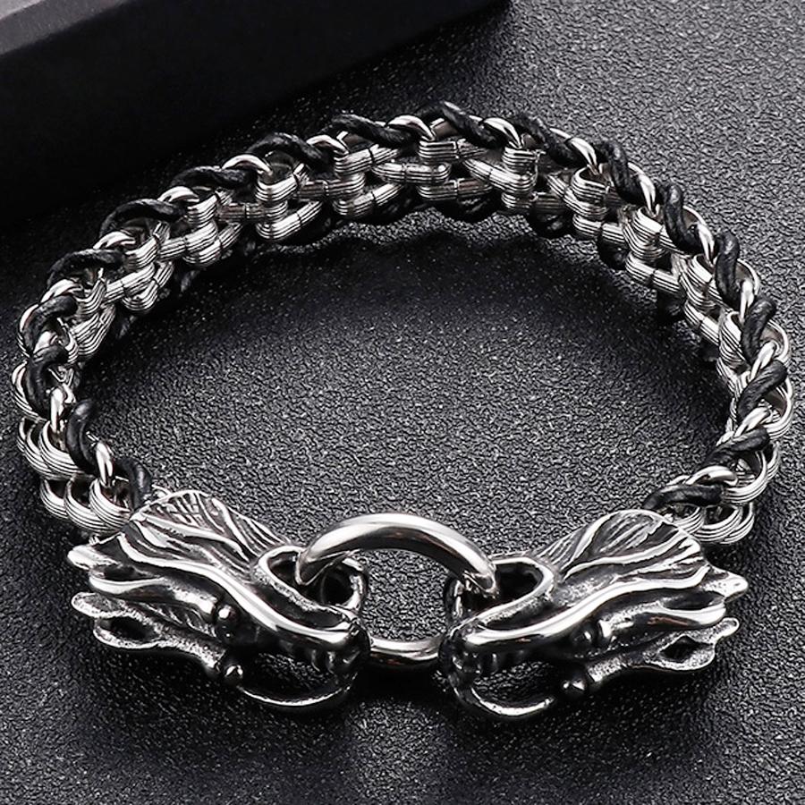 Gothic Double Dragon Head Bracelet for Men Braided Leather & Stainless Steel Link Chain Wristband Men's Bracelets Jewelry Gifts