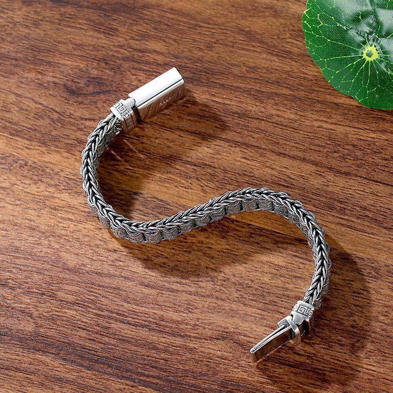 New Handmade Creative Sutra Bracelet Men Silver Transfer Beads Vintage Six-Character  Mantra Personality