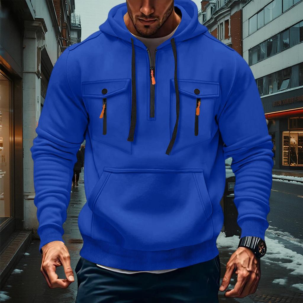 Men's Military Cargo Hoodies, Casual Quarter Zipper Pullover Tops With Multi Pockets