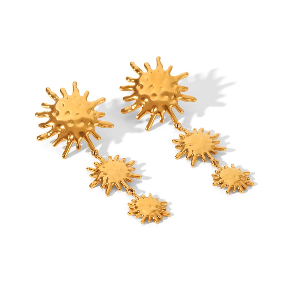 18k Gold Stainless Steel Hammered Sun Pendant Earrings, Stylish Drop Earrings, High-end Light Luxury Jewelry