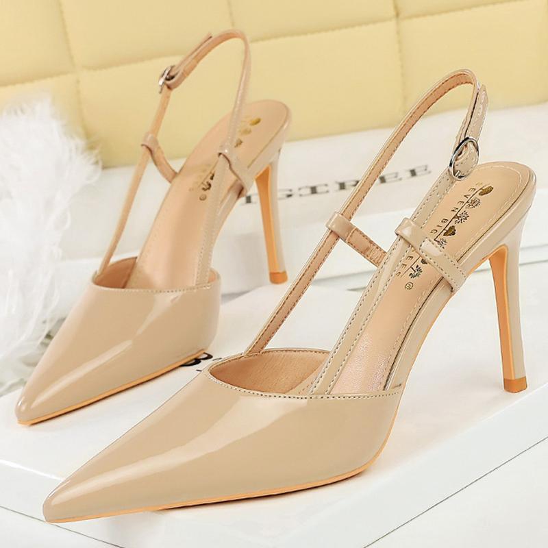 

BIGTREE shoes high heels Patent leather Women Pumps Rear empty rear strap High heeled sandals Summer shoes Stiletto 9 cm 34