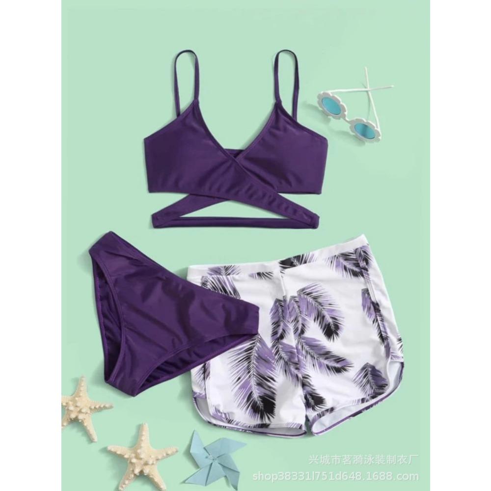 

Модный сексуальный бикини с разноцветным узором из перьев, двойные брюки, женский купальник из трех частей XL фиолетовый