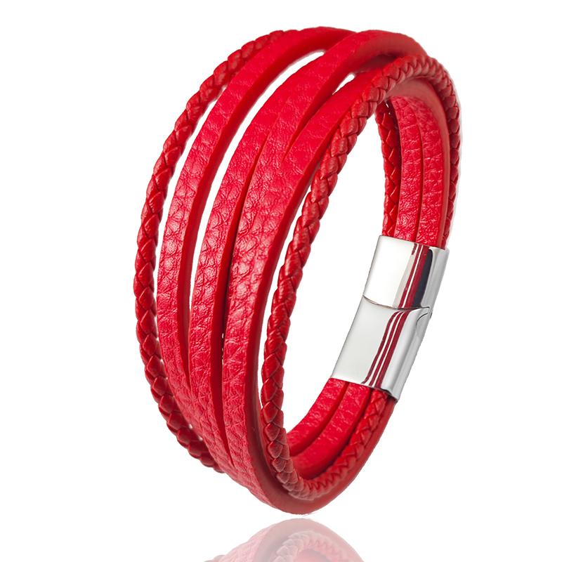 

Bright Red Multi-layer Leather Women s Bracelet Stainless Steel Buckle Magnet Punk Men s Jewelry Wholesale Free Shipping 22cm серебряный