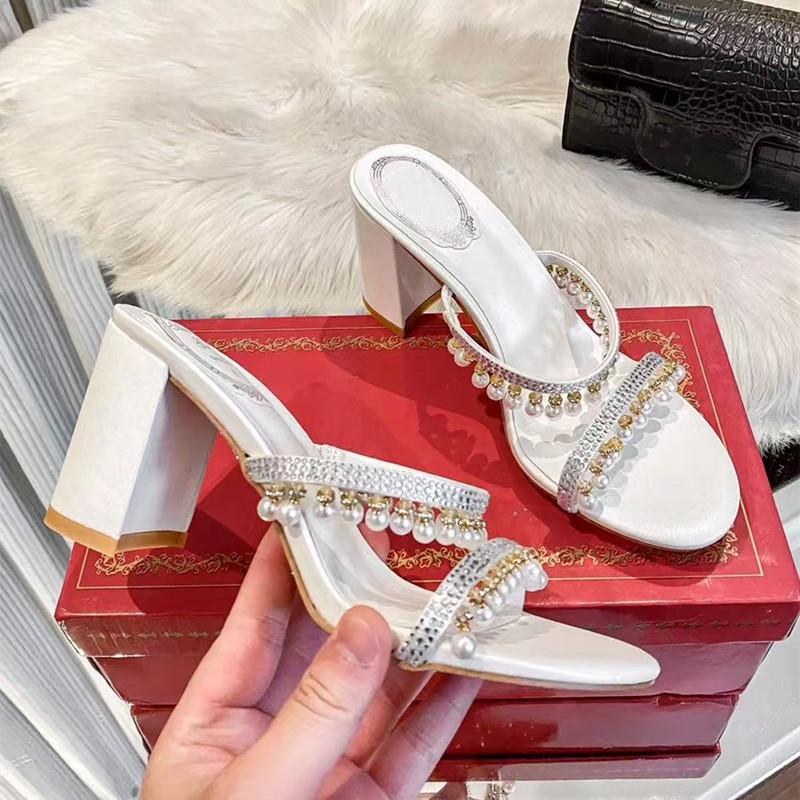 

Роскошные стразы жемчуг кулон кисточки женские тапочки сандалии лето кристалл высокий каблук мюли шлепанцы вечеринка выпускной туфли 40