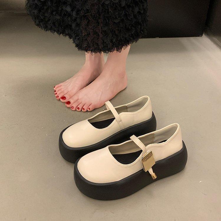 Fekete vastag alsó Mary Jane cipők női nyári kerek fejű retro magasító, sekély szájú cipők