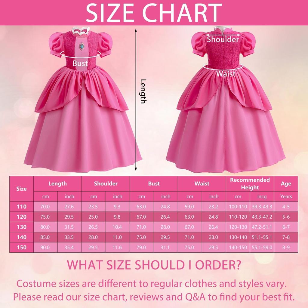 Formemory Princess Peach Dress, Kids' Princess Cosplay Dress, Princess Outfit, Costume, Recital Dress, Kids Dress, Crown, Gloves, Magic Wand,