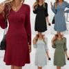 2024 Autumn/Winter Women's V-Neck Long Sleeve Ribbed Knit Dress – Solid Color, Loose Fit, Fashionable Design