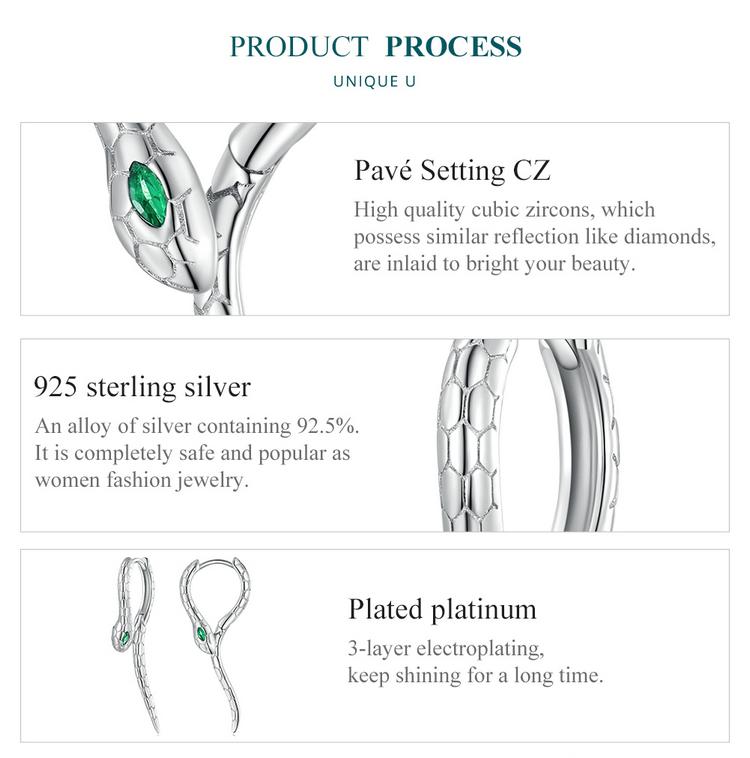 BISAER 925 Sterling Silver Snake Hoop Earrings Green Zircon Animal Earrings Plated Platinum For Women Party Fine Jewelry