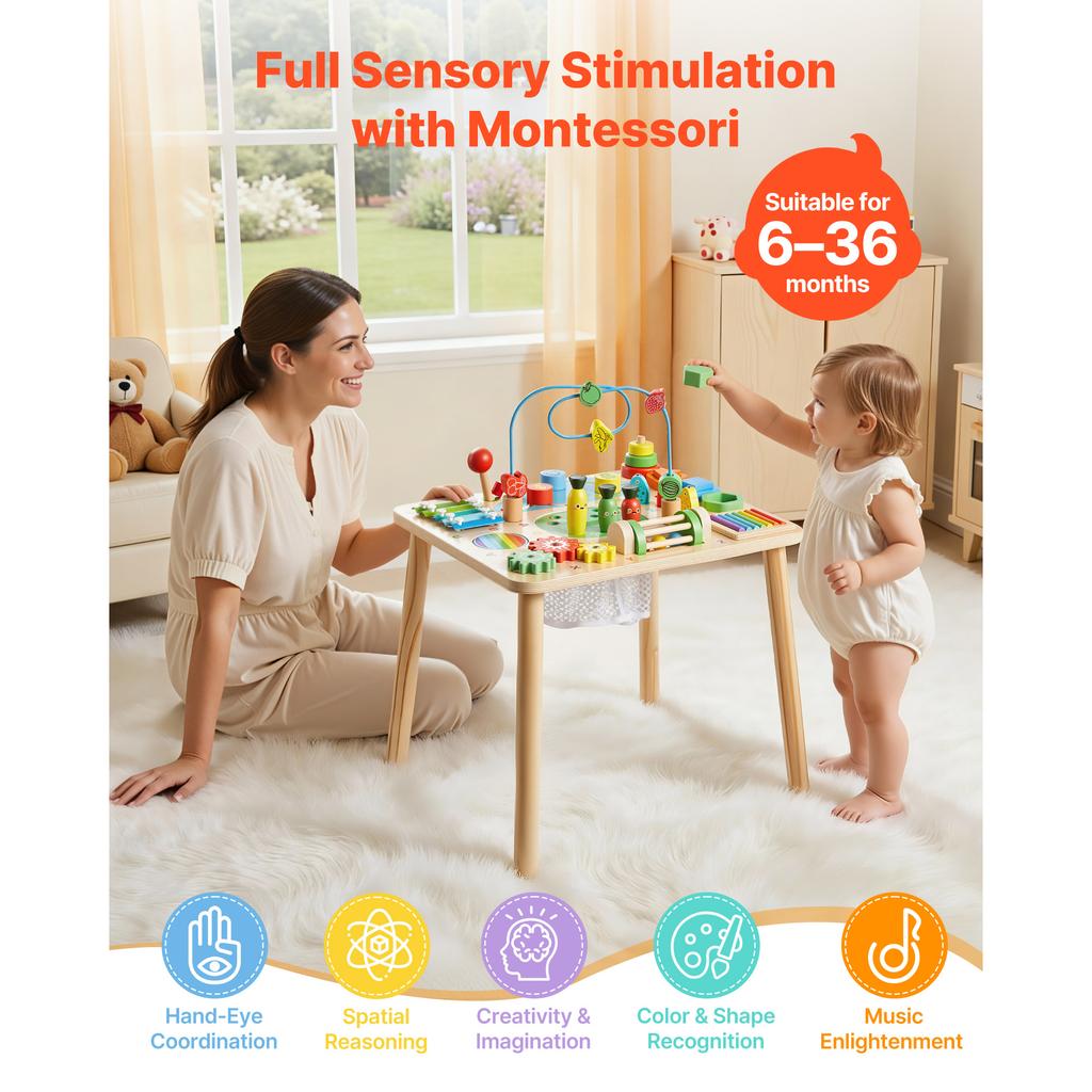 SucceBuy 13-in-1 Montessori Aktivitätstisch für Kleinkinder 1-3 Jahre Alt 6+ Monate Geburtstag Weihnachten Kindertag Geschenk