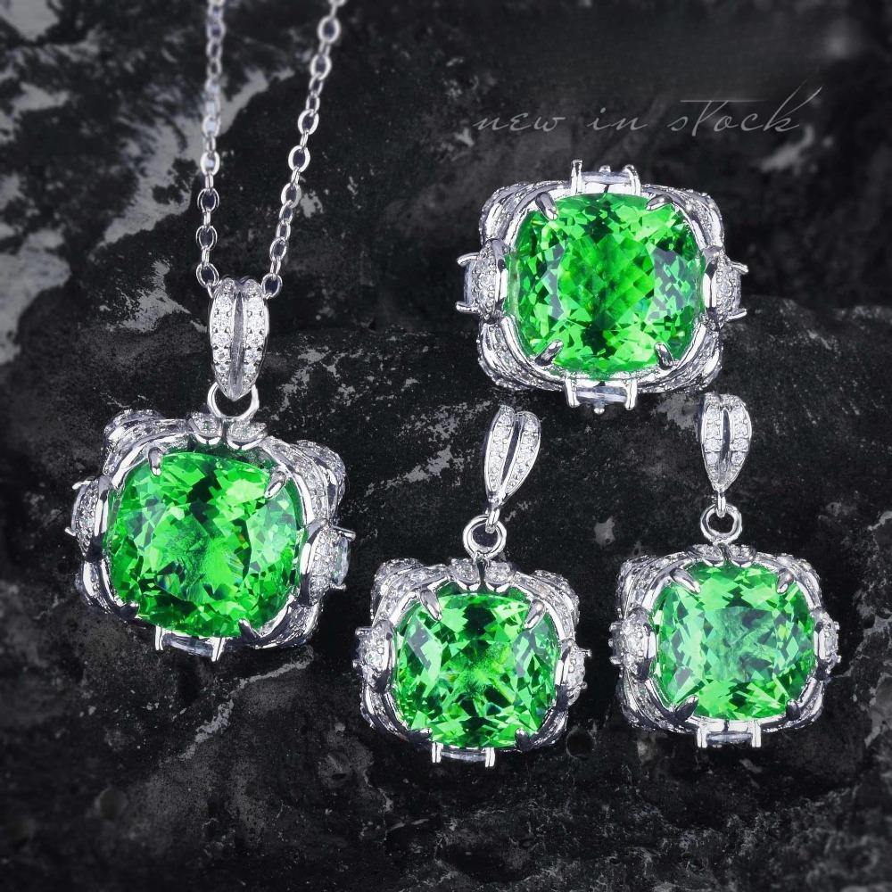 Aquamarine Topaz Pendant Large Carat Earrings Paraiaba Ring Green Diamond Jewelry Set