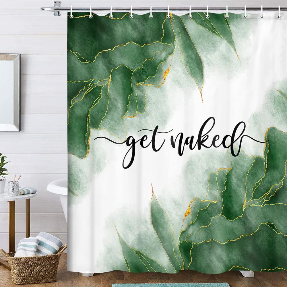 

Gold Green Marble Shower Curtain, Abstract Leaves Stripes, Funny Naked Style Bathroom Decor W60H190(CM)-1 Pcs