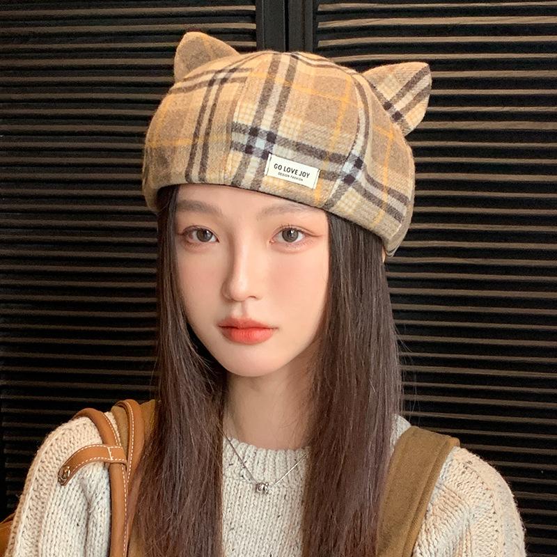 British Style Beret Autumn and Winter Hat Women's Cat Ears Cute Octagonal Hat Fashionable Versatile Painter Hat