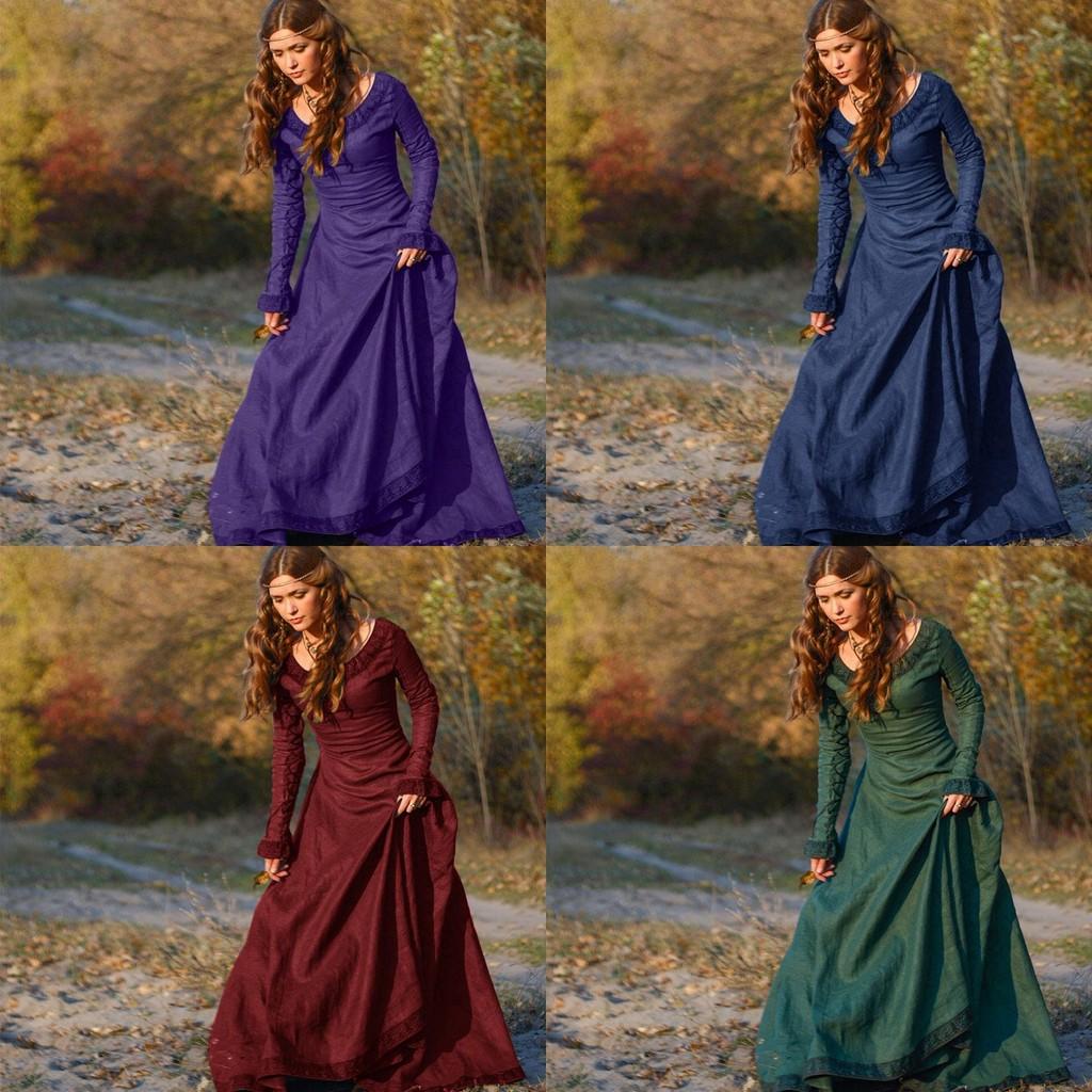 Elegant Women's Medieval Dress With Long Sleeves For Gothic Halloween Cosplay Events