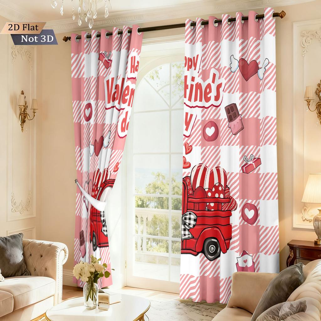 2pc Valentine's Day Romantic Love Car Print Shading Perforated Curtains Multi Size Living Room Insulation Festival Decoration