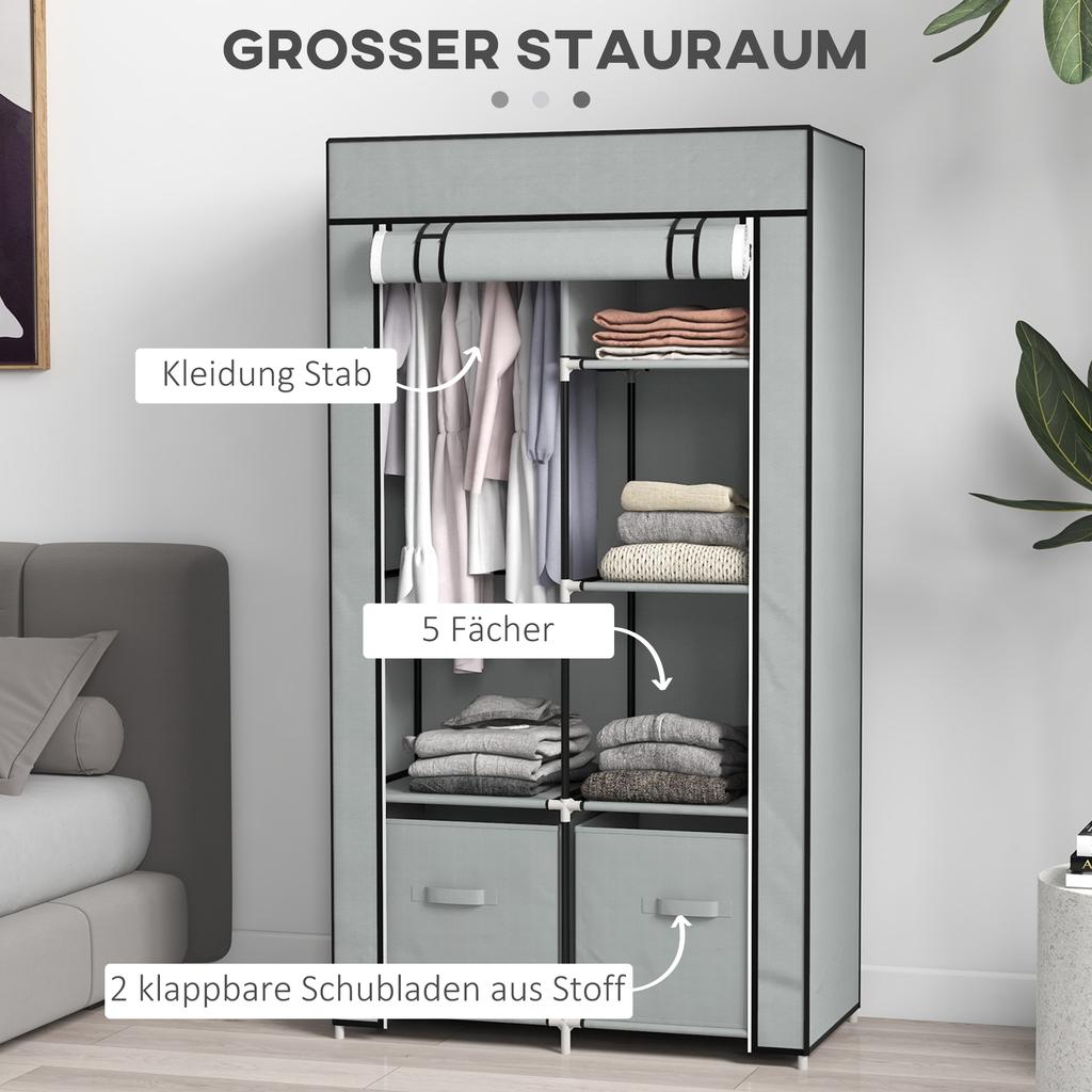 Wardrobe Fabric Wardrobe 1 Clothes Rail, 2 Drawers, 83 x 42.5 x 162.5 cm, Grey