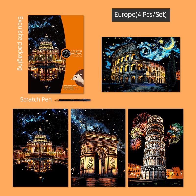 4Pcs/Set A3 Diy Scratch Painting Set Colosseum Forbidden City Cherry Blossom Castle Night View Laser Scratch Art Drawing Toys