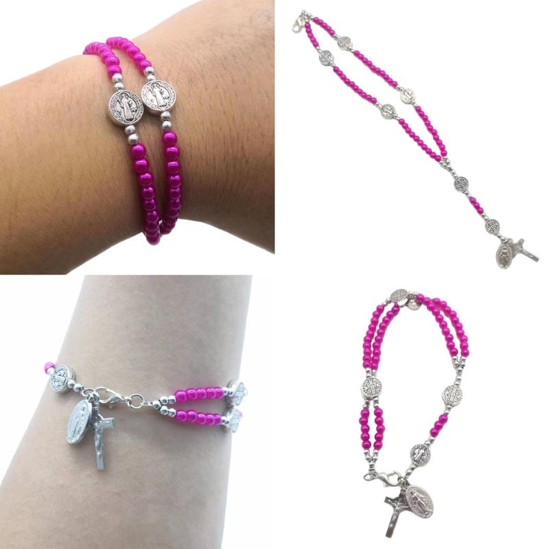 Catholic Cross Finger Chain Double Layer Imitation Pearl Beaded Wrist Chain Cross Rosary Bracelet for Women and Girls