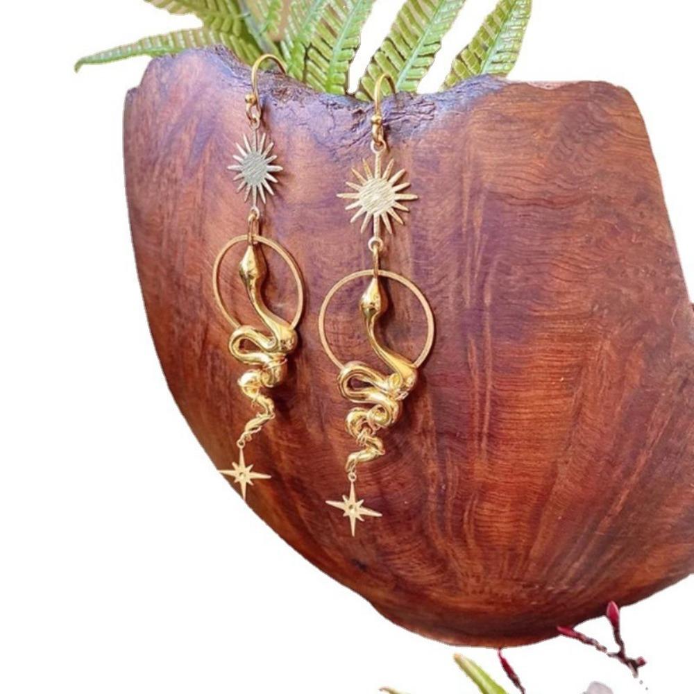 Overdreven Persoonlijkheid Goudkleurig Slang Zon Ster Kwastje Roestvrij Staal Hangende Oorbellen voor Vrouwen Hallowmas Feest Sieraden Cadeau