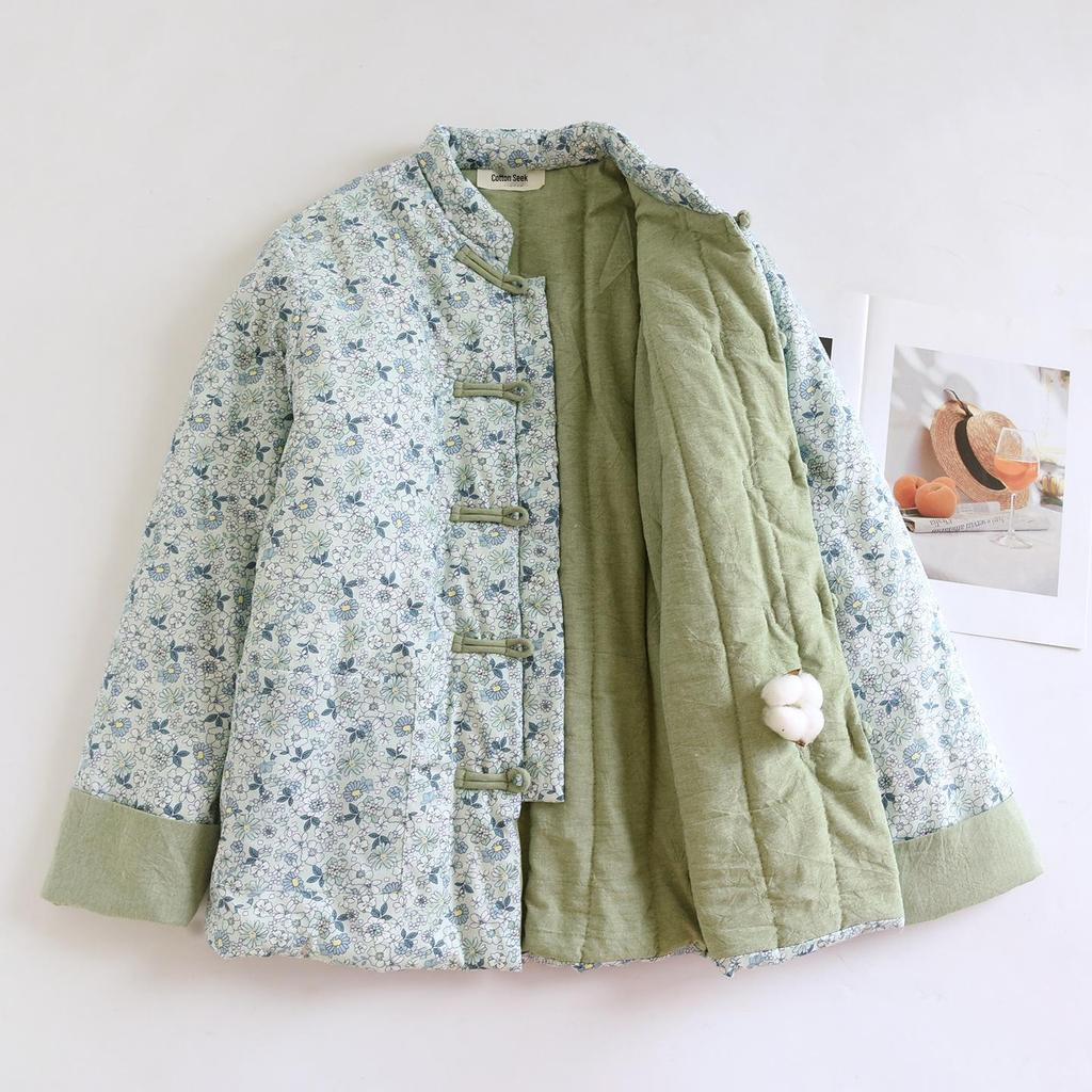 534 Veste d'hiver faite à la main en pur coton à fleurs - Style rétro chinois pour femmes d'âge moyen et âgées