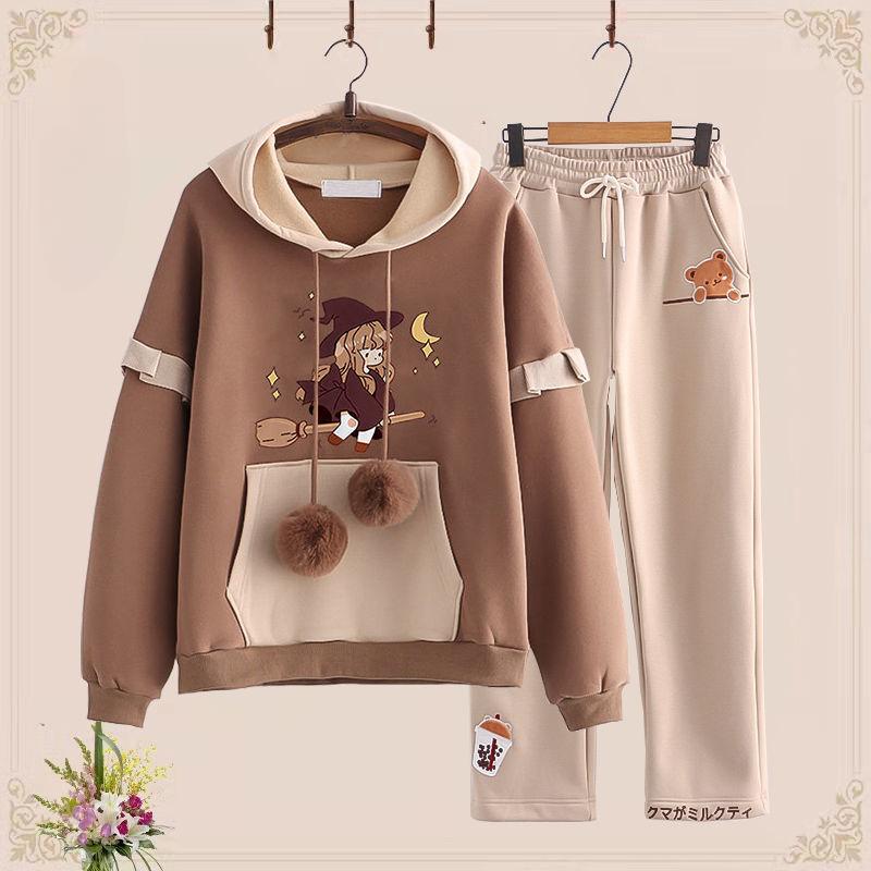 

осень Женский спортивный костюм повседневный Оверсайз милый мультяшный принт Комплект из двух частей Женский молодежный Преппи стиль толстовки и брючные костюмы для женщин уличная одежда XL