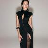 Women Solid Stand Collar Cutout Bodycon Maxi Dress Sleeveless High Slit Floor‑Length Evening Party Gown XS‑L