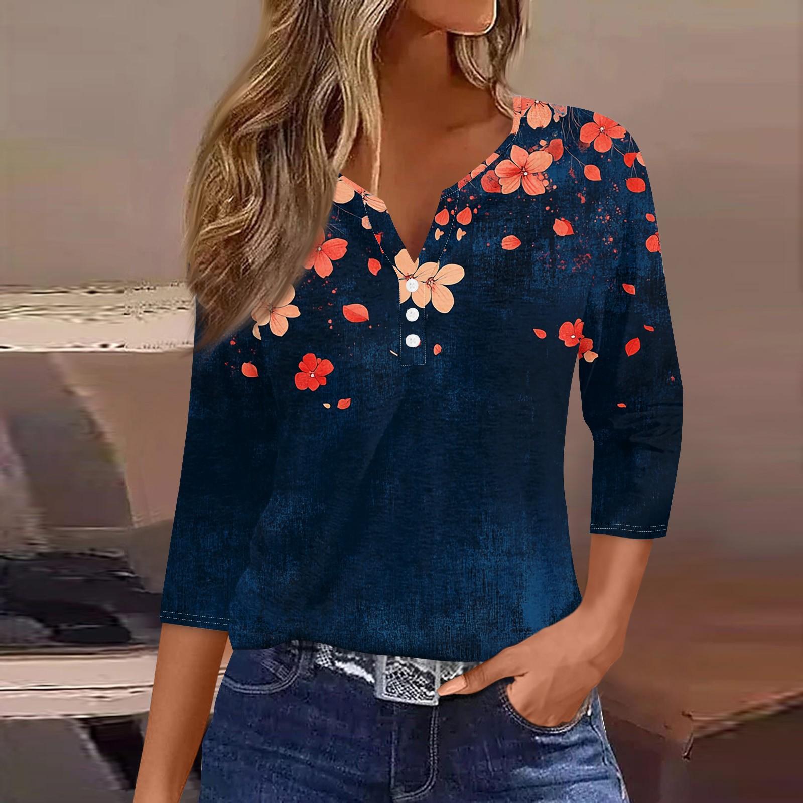 

Женская модная повседневная футболка с v-образным вырезом и декоративными пуговицами, рукавом три четверти, с цветочным принтом, топ XL красный