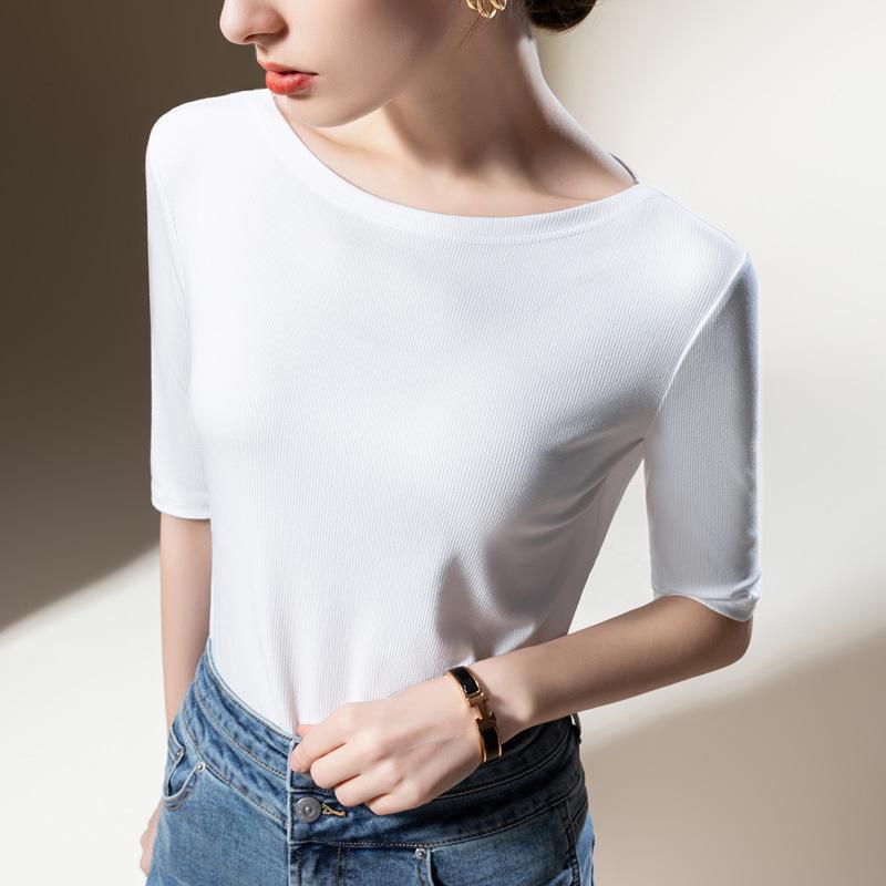 Medium-sleeved T-shirt Women's New Women's Clothing Solid Color Half-sleeved T-shirt Temperament One-word Shoulder Elastic Waist Top