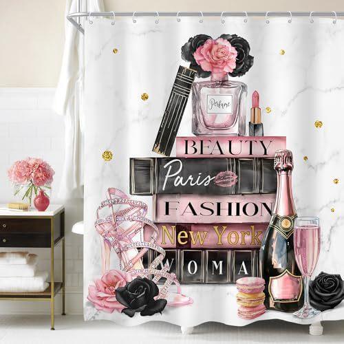 4-Piece Black Pink Shower Curtain Set, Stylish Flower Perfume Bathroom Curtain With Carpet Toilet Lid Pad U Shape