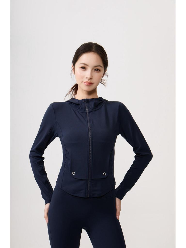 Lu Chuan Slim Fit Hooded Yoga Jacket with Waistband Pocket and Zipper.