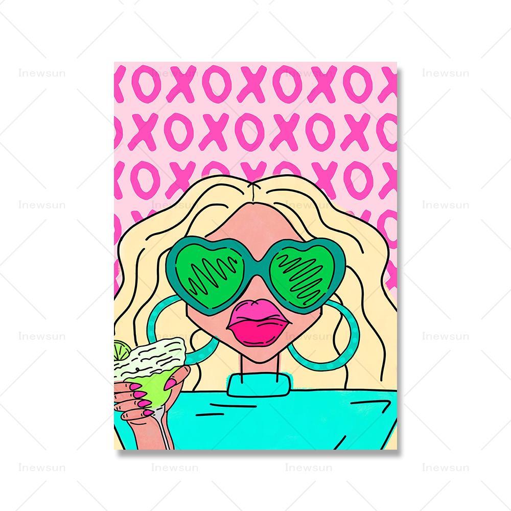 Preppy Funky Girl Portrait Wall Art Canvas Painting Fashion Cartoon Woman Avatar Poster Pictures Modern Dorm Decor Prints