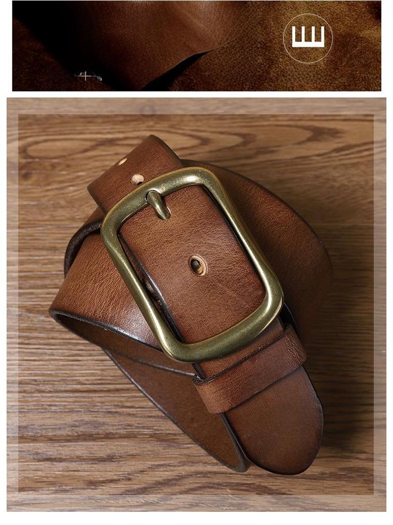 Męski modny pasek ze skóry retro szczotkowanej ręcznie z miedzianą klamrą szpilkową