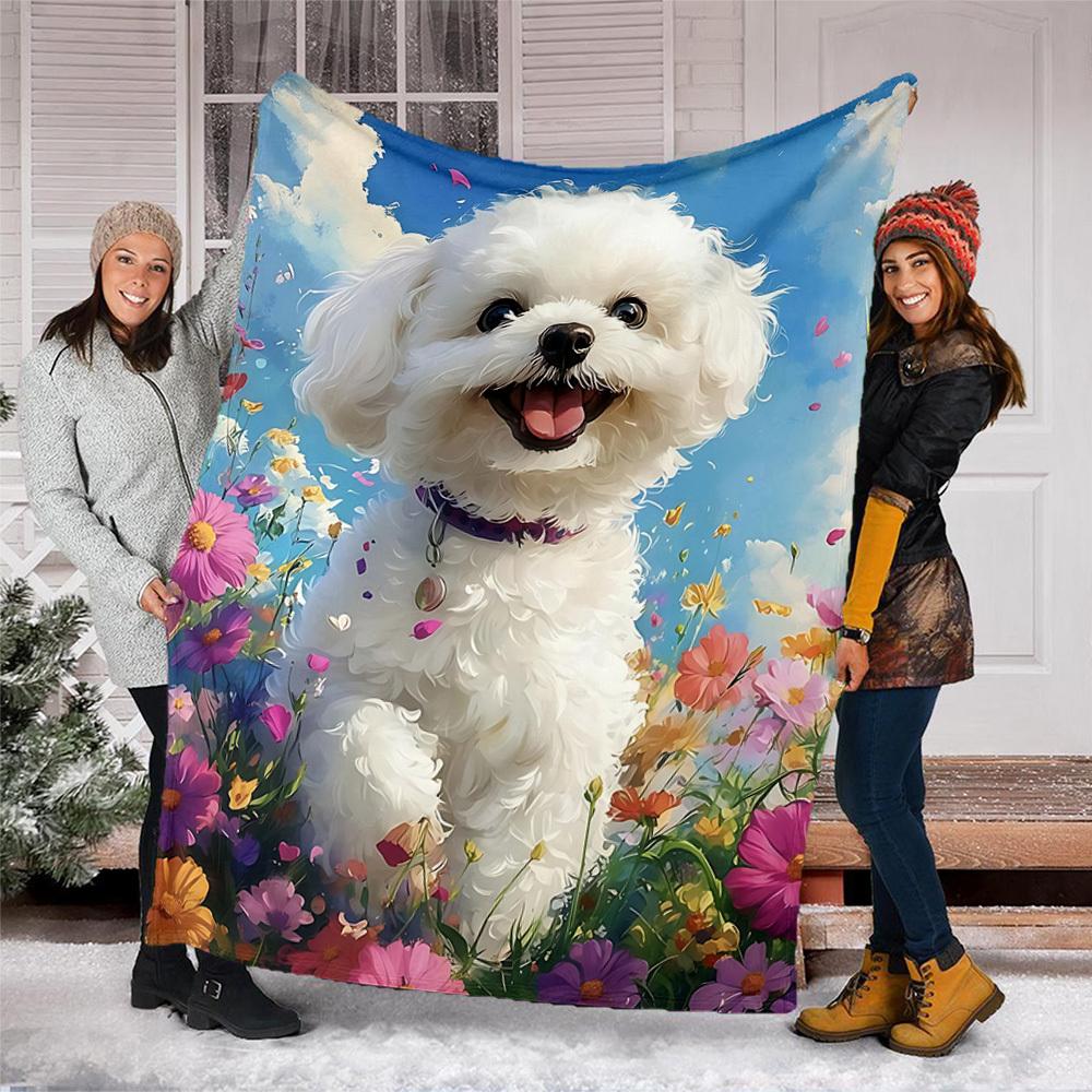 1pc Fluffy White Dog Outdoor Blanket - Lightweight Flannel Throw For Travel, Camping, Livingroom, Couch, Chair Yy251114231