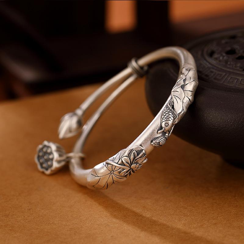 Retro Style Personality Carp Lotus Flower Lotus Leaf Lotus Canopy Pure Silver Retro Ethnic Style Adjustable Bracelet An Opening