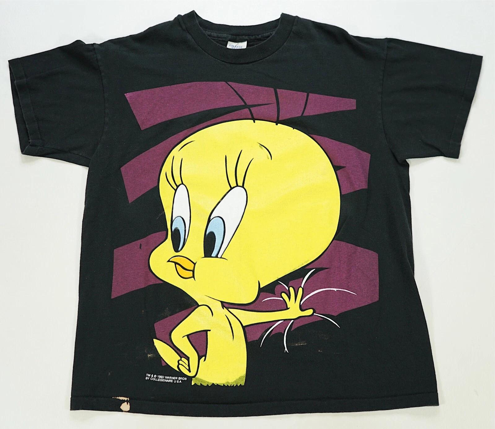 Rare VTG COLLEGE WARE Tweety Bird Big Face 1993 Looney Tunes T Shirt 90s Black L M