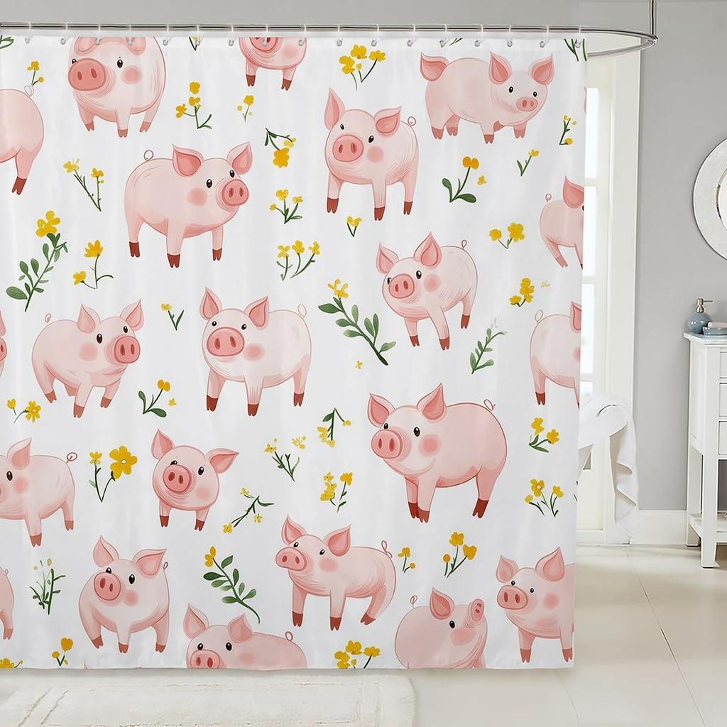 Cartoon Pig Shower Curtain Leopard Bow Bath Curtain for Boys Girls Teens Lovely Animal Cheetah Bathroom Shower Curtain Set