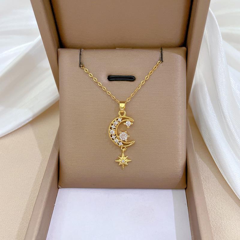 Titanium Steel Moon Tassel Star Light Luxury Temperament Gorgeous Full Diamond Necklace Female Versatile Collarbone Chain Titanium Steel Chain